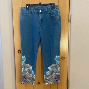 Soft Surroundings Cropped Denim Blue Jeans with Floral Accents